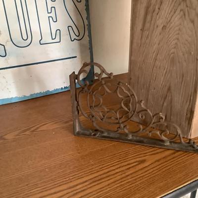 W782 Metal "ANTIQUE " Sign with Wooden Flower Box, Vintage Bracket and Book Press