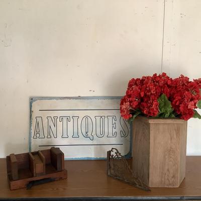 W782 Metal "ANTIQUE " Sign with Wooden Flower Box, Vintage Bracket and Book Press