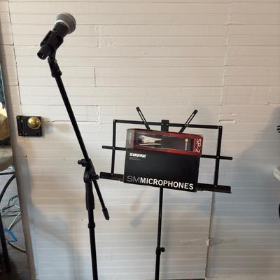 U 1265 Amazon Basics Microphone Stand With Shure SM-485-LC Microphone, Music Stand and SP-2 Universal Sustain Pedal