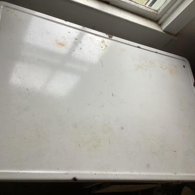 W1300 Vintage 1930's Enamel Top Work Table with Swing Stool
