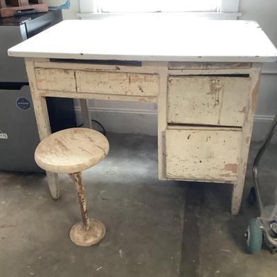 W1300 Vintage 1930's Enamel Top Work Table with Swing Stool