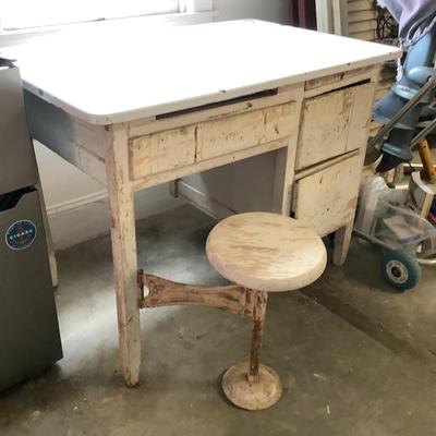 W1300 Vintage 1930's Enamel Top Work Table with Swing Stool