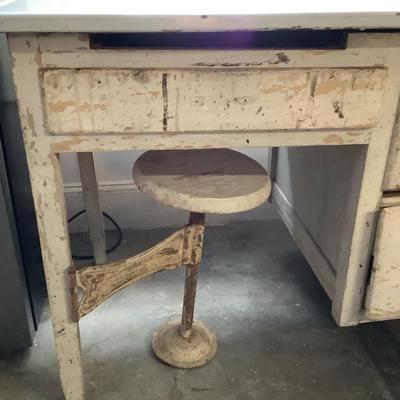 W1300 Vintage 1930's Enamel Top Work Table with Swing Stool