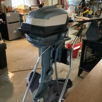 W1312 Vintage Evinrude Outboard Motor on Rolling Stand with Cover
