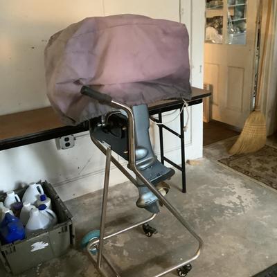 W1312 Vintage Evinrude Outboard Motor on Rolling Stand with Cover