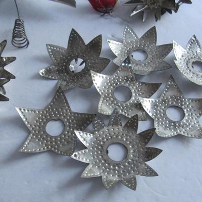 Antique Christmas Tin Light Reflectors, Aluminum Tree Topper, Cotton Bird