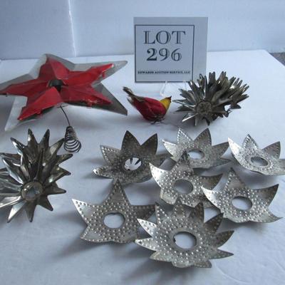 Antique Christmas Tin Light Reflectors, Aluminum Tree Topper, Cotton Bird