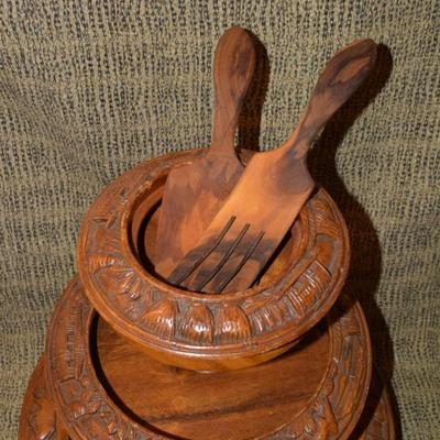 Vintage Monkey Pod 3 Tiered Lazy Susan Condiment Stand 17"x16"