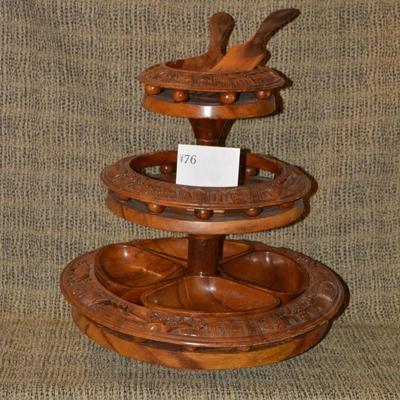 Vintage Monkey Pod 3 Tiered Lazy Susan Condiment Stand 17"x16"
