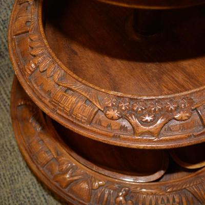 Vintage Monkey Pod 3 Tiered Lazy Susan Condiment Stand 17"x16"