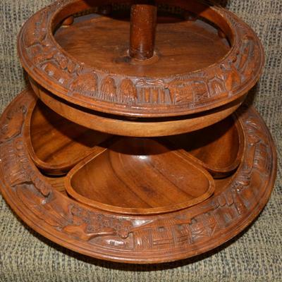 Vintage Monkey Pod 3 Tiered Lazy Susan Condiment Stand 17"x16"