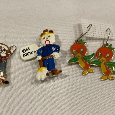 Orange bird earrings, Andy & Bobbs pin