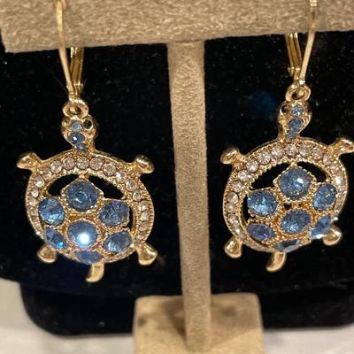 M signed blue stone turtle earrings