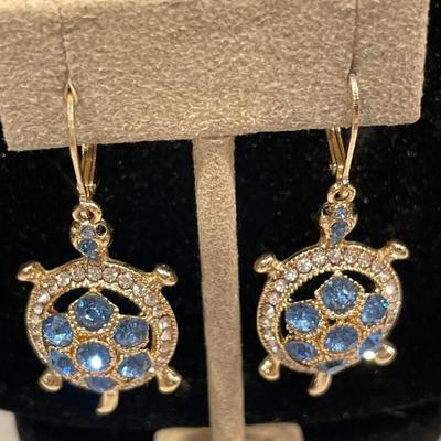 M signed blue stone turtle earrings