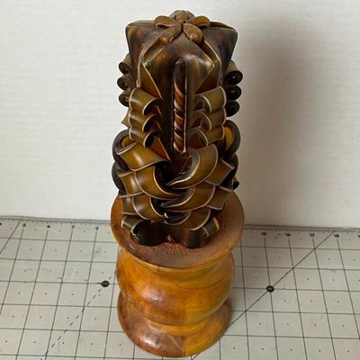 Wooden Candle Holder and Ribbon Wax Candle