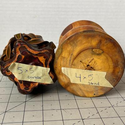Wooden Candle Holder and Ribbon Wax Candle