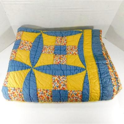 1 Vintage Handmade Quilt 69x80 Blue and Yellow with Floral Back