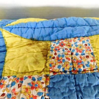 1 Vintage Handmade Quilt 69x80 Blue and Yellow with Floral Back