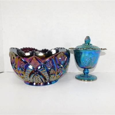 8 Lot of 2 -Colony Peacock Blue Grape Compo te Candy Dish 7 x 6 & Vintage Amethyst Carnival Glass LE Smith Bowl 8 1/2 x 5