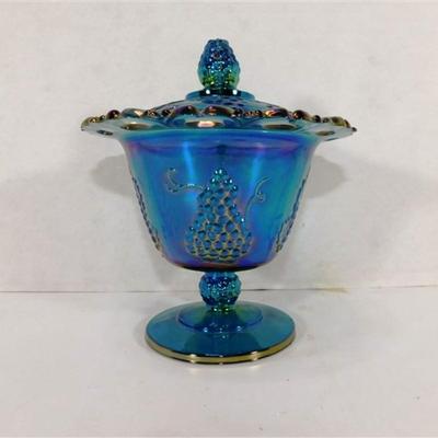 8 Lot of 2 -Colony Peacock Blue Grape Compo te Candy Dish 7 x 6 & Vintage Amethyst Carnival Glass LE Smith Bowl 8 1/2 x 5