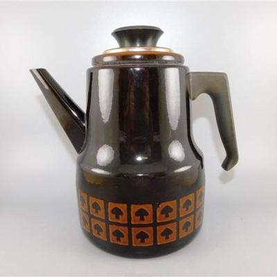 12 Vintage West Bend Coffee Pot Le Provencal Brown Black Spades/ Mushrooms 1970's 8 x 5 1/4