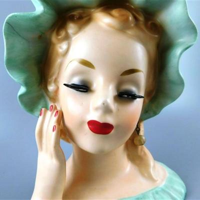14 Vintage Woman Head Vase Blue / Green Dress and Hat C6017 5 1/2 x 4 1/2