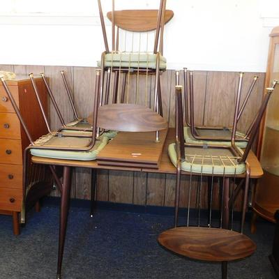 15 Mid Century Modern Table 45x35 1/2 x 30 with 6 Chairs 16 x 31 with Green Vinyl with 2 Leaves 11 Inches Each