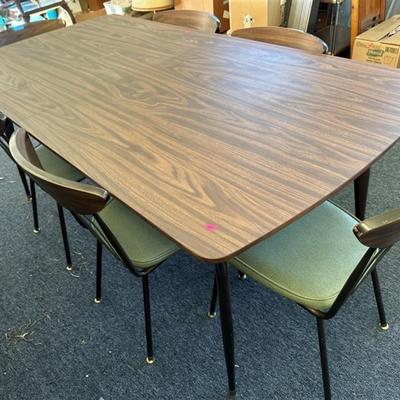 15 Mid Century Modern Table 45x35 1/2 x 30 with 6 Chairs 16 x 31 with Green Vinyl with 2 Leaves 11 Inches Each