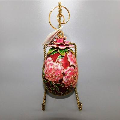 24 NYCO Cloisonne Brass Enameled Egg Ornament 3D Rose Top Floral Pink and Burgundy Egg without Stand 4 inches