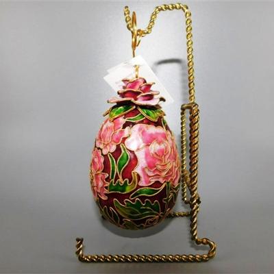24 NYCO Cloisonne Brass Enameled Egg Ornament 3D Rose Top Floral Pink and Burgundy Egg without Stand 4 inches