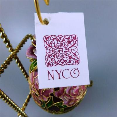 24 NYCO Cloisonne Brass Enameled Egg Ornament 3D Rose Top Floral Pink and Burgundy Egg without Stand 4 inches