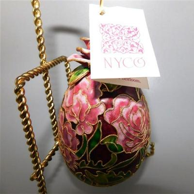 24 NYCO Cloisonne Brass Enameled Egg Ornament 3D Rose Top Floral Pink and Burgundy Egg without Stand 4 inches