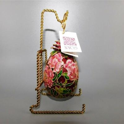24 NYCO Cloisonne Brass Enameled Egg Ornament 3D Rose Top Floral Pink and Burgundy Egg without Stand 4 inches