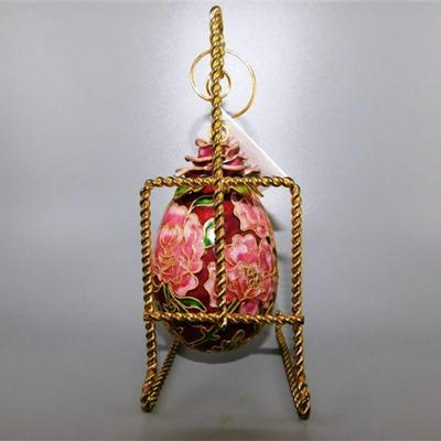 24 NYCO Cloisonne Brass Enameled Egg Ornament 3D Rose Top Floral Pink and Burgundy Egg without Stand 4 inches