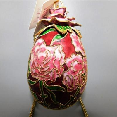 24 NYCO Cloisonne Brass Enameled Egg Ornament 3D Rose Top Floral Pink and Burgundy Egg without Stand 4 inches