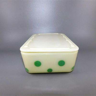 29 Vaseline McKee With Green Polka Dots Refrigerator Dish Does has Minor Chips on the Inside of Lid. Straw Mark in Bottom 257-N-2/ 8 X 5 X 2