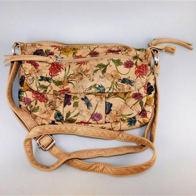 36A Bueno Flowers and Dragonflies Patterned Cross Body Faux Leather Purse 10 1/2 X 7 X 1