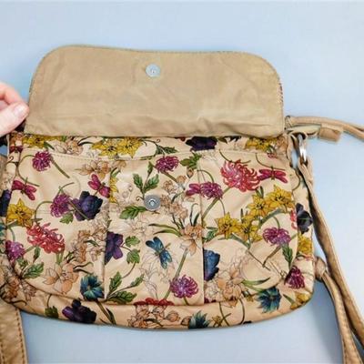36A Bueno Flowers and Dragonflies Patterned Cross Body Faux Leather Purse 10 1/2 X 7 X 1