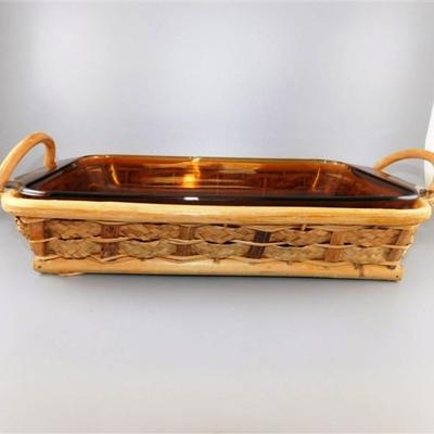 39 Anchor Hocking 431 Holds 2QT Oven and Microwave Safe Amber with Whicker Holder