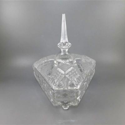 53 Triangular Cut/ Etched Crystal 3 Footed Lidded Candy Dish 8 x 9