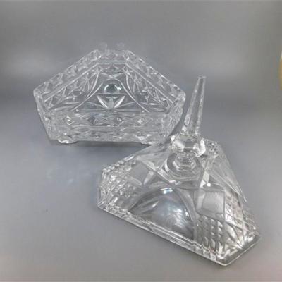 53 Triangular Cut/ Etched Crystal 3 Footed Lidded Candy Dish 8 x 9
