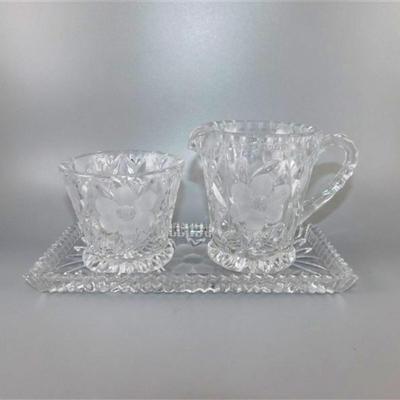 54 Crystal Cream and Sugar with Tray Floral Design 8 x 4