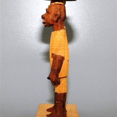 56 Lot of 3 Wood Items - Coolabah Burl Australia Bowl Ron Lecleve Derrigo / Toothpick Holder / Wooden Man Marked Nigeria 7 1/2 x 2