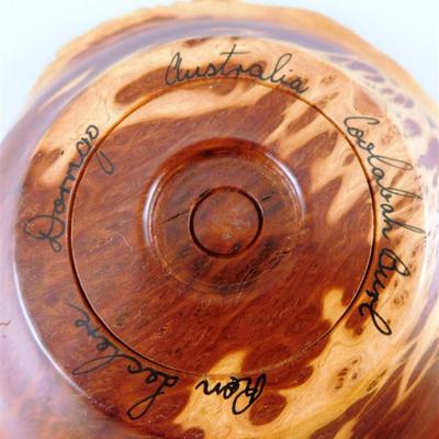 56 Lot of 3 Wood Items - Coolabah Burl Australia Bowl Ron Lecleve Derrigo / Toothpick Holder / Wooden Man Marked Nigeria 7 1/2 x 2