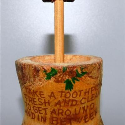 56 Lot of 3 Wood Items - Coolabah Burl Australia Bowl Ron Lecleve Derrigo / Toothpick Holder / Wooden Man Marked Nigeria 7 1/2 x 2
