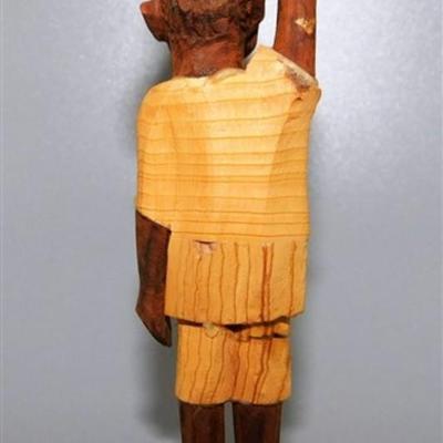 56 Lot of 3 Wood Items - Coolabah Burl Australia Bowl Ron Lecleve Derrigo / Toothpick Holder / Wooden Man Marked Nigeria 7 1/2 x 2