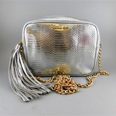 69A Victoria's Secret Silver Metallic Crossbody Purse with Gold Chain Strap