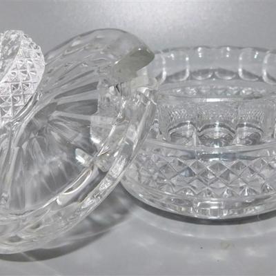 74 Lot of 2 Crystal Lidded Containers with Spoon Slot. One Has Small Plate 4-6 in approx.