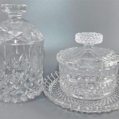 74 Lot of 2 Crystal Lidded Containers with Spoon Slot. One Has Small Plate 4-6 in approx.