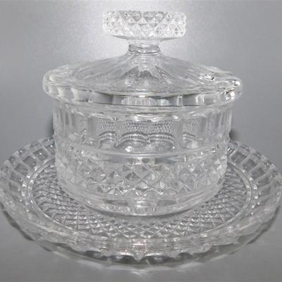 74 Lot of 2 Crystal Lidded Containers with Spoon Slot. One Has Small Plate 4-6 in approx.